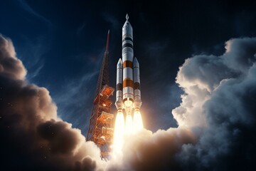 SLS rocket soars to the moon with Orion spacecraft, part of NASA's Artemis program. Researching solar system. Generative AI - obrazy, fototapety, plakaty