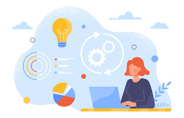 Woman with process optimization concept. Young girl with laptop sitting near idea. Analyst and consultant with graphs and charts. Brainstorming and inspiration. Cartoon flat vector illustration