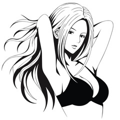 Cute beautiful sexy anime girl flat vector black and white color