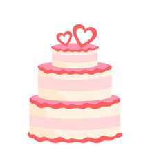 Cake with glaze concept. Dessert and delicacy for holiday or event. Bakery product with hearts. Poster or banner for website. Cartoon flat vector illustration isolated on white background