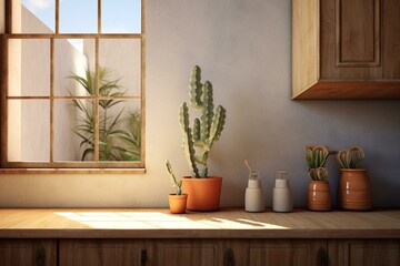Kitchen counter with plant, vase, bowl, window & cabinet with wooden door. Generative AI