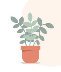 Plant in flowerpot concept. Branches with leaves in brown pot. Element of decor and interior. Template, layout and mock up. Cartoon flat vector illustration isolated on white background