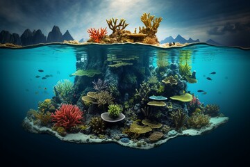 Partial view of coral reef and island submerged in water. Generative AI