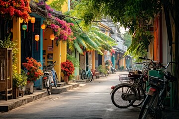 A picturesque street in Hoi An, Vietnam. Generative AI