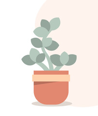 Plant in flowerpot concept. Branches with leaves in brown pot. Bloom and blossom flowers. Template, layout and mock up. Cartoon flat vector illustration isolated on white background