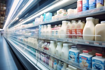 Blurry shelves featuring dairy products symbolize retail, discounts, inflation, recession and consumer goods. Generative AI - obrazy, fototapety, plakaty