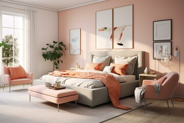 A cozy, hygge-inspired bedroom with modern décor, adorned with comfortable peach-colored furniture. Generative AI