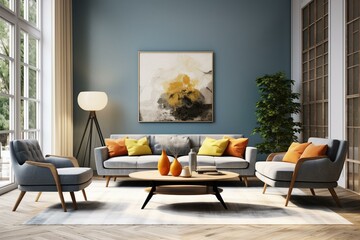 Contemporary living room with gray sofa, tables, and chairs. 3D rendered. Generative AI
