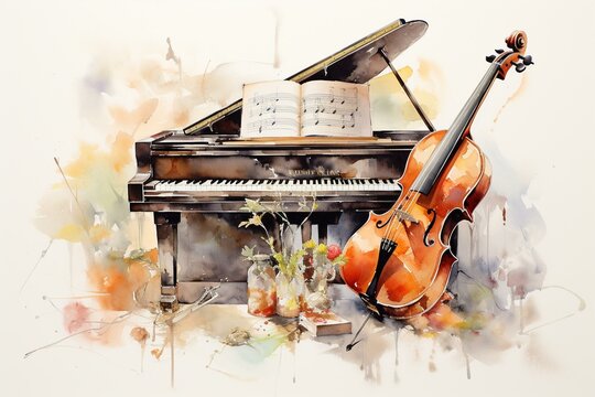 Artwork featuring a watercolor depiction of a violin and piano. Generative AI