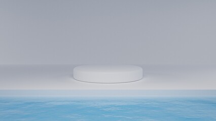 Minimal white podium on blue clean water, 3d Abstract geometric background, Modern platform mockup for product presentation,