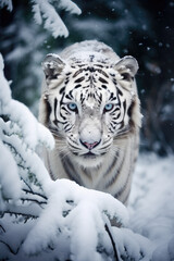 Fototapeta na wymiar White Tiger in Snowy Forest