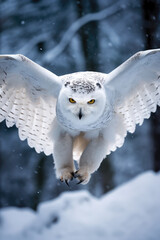 White Owl Flying in the Snowy Forest