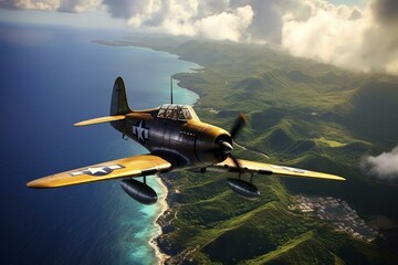 Fototapeta na wymiar WW2 fighter plane 'George' flying over Saipan island in the Pacific. Generative AI