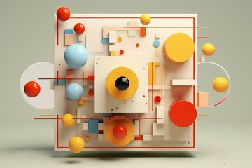 Abstract composition of a 3D box adorned with cube and round stickers. Generative AI