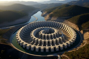 Aerial view of Spain's biggest pumped storage hydropower facility, located in Cortes La Muela. Generative AI - obrazy, fototapety, plakaty