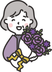 紫の花束をプレゼントされてよろこぶ高齢女性のイラスト　古希のお祝い　敬老の日