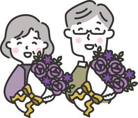 紫の花束をプレゼントされてよろこぶ高齢夫婦のイラスト　古希のお祝い　敬老の日