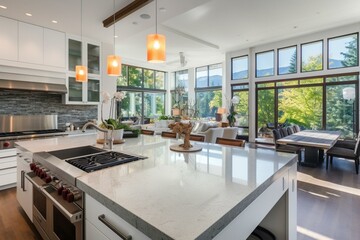 Stunning modern home showcases a spacious white kitchen featuring a large island with stylish grey countertops. Generative AI
