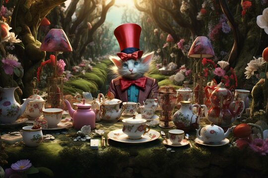 A whimsical banquet hosted by the eccentric Mad Hatter in the enchanting Wonderland series. Generative AI