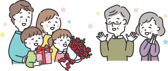 祖父母の還暦を祝う家族のイラスト　敬老の日　三世代