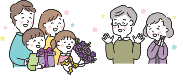 祖父母の古希を祝う家族のイラスト　敬老の日　三世代