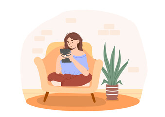 Fototapeta na wymiar Woman working at home concept. Young girl at sofa with digital tablet. Distance worker and employee. Freelancer making money on internet. Comfortable workplace. Cartoon flat vector illustration