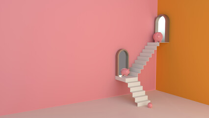 Piggy bank. Piggy bank on the staircase. Getty rich. Savings. Pink wall.