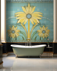 黄色い花の壁の美しい浴室のバスタブ
