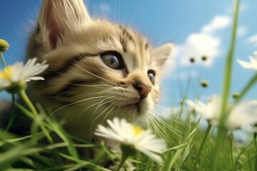 青空を見上げるお花畑の中のかわいい子猫