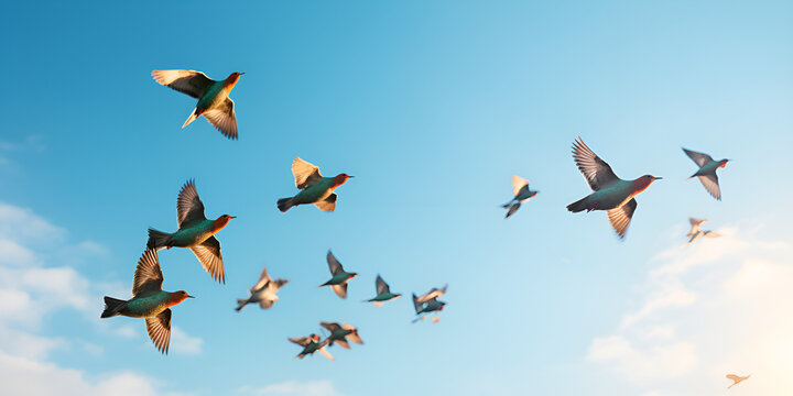 flock of birds flying  against a blue sky