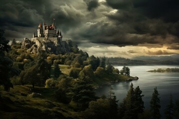 A hilltop castle overlooks a dark lake with a tree and stormy sky. Generative AI - obrazy, fototapety, plakaty