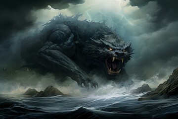 Dynamic artwork depicting a creature amidst a stormy backdrop. Generative AI