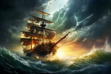 A classic ship navigating through a stormy sea under lightning-filled sky. Action, voyage, unknown. Parallel reality, Multiverse. Generative AI - obrazy, fototapety, plakaty