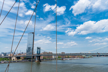 manhattan bridge in new york. architecture of historic bridge in manhattan. bridge connecting Lower Manhattan with Downtown Brooklyn. urban city architecture. hudson river