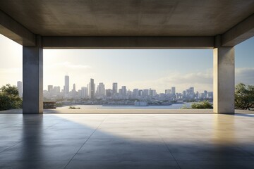 Contemporary structure with unoccupied concrete floor and urban skyline backdrop featuring a vacant terrace offering space. Unique view. Generative AI