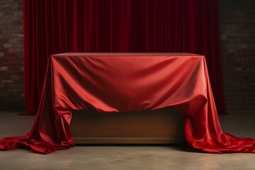 A red cloth draped on a box or table, with silk fabric covering a surprise gift underneath, and a presentation banner being opened with a hidden secret under a folded satin drape. Generative AI