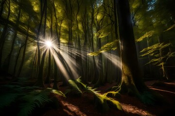 rays of light in the forest ,Spheric panorama in a forest, magnificent upwards view to the treetops 
