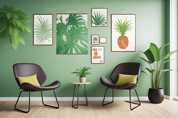 Stylish interior design of living room with table and chair, tropical plant in ceramic pot, Mock up poster frame on the ginger color wall. Template. Home decor. 3D Rendering