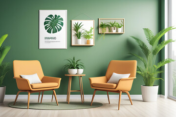 Stylish interior design of living room with table and chair, tropical plant in ceramic pot, Mock up poster frame on the ginger color wall. Template. Home decor. 3D Rendering. Modern living room