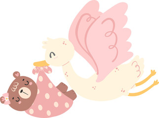 Cute baby shower bear girl, stork bird with pink baby bag