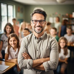 Portrait of smiling male teacher standing in a class at elementary school looking at camera with learning students on background