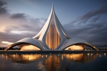 Illustration of a sleek, futuristic mosque with modern architectural design. Generative AI