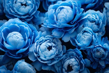 Close-up of vibrant blue peonies in full bloom against a floral backdrop, showcasing their natural beauty. Generative AI