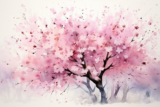 Watercolor Cherry Blossom With Falling Petals In Spring. Generative AI