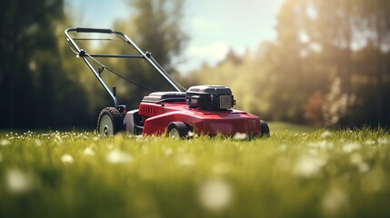 Close up of mower engine - obrazy, fototapety, plakaty