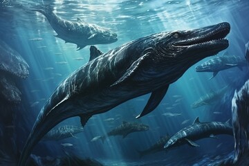 Illustration of ancient marine reptiles - mosasaurs. Generative AI