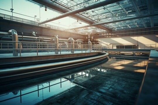 Contemporary facility for treating sewage, featuring a sedimentation reservoir and water purification. Toned. Generative AI