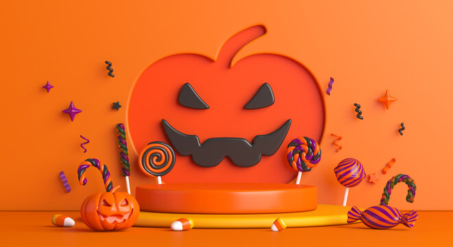 Happy Halloween display podium with lollipop candy, jack o lantern 3d rendering illustration