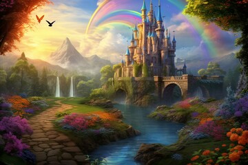 Vibrant garden with butterflies, rainbows, and castle. Enchanting fairy-tale ambiance. Generative AI
