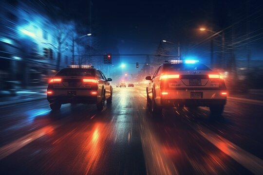 Blurred police vehicles with flashing lights at night, accident scene. Generative AI